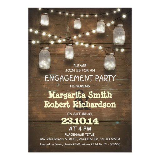 rustic mason jars with lights engagement party personalized announcements (front side)