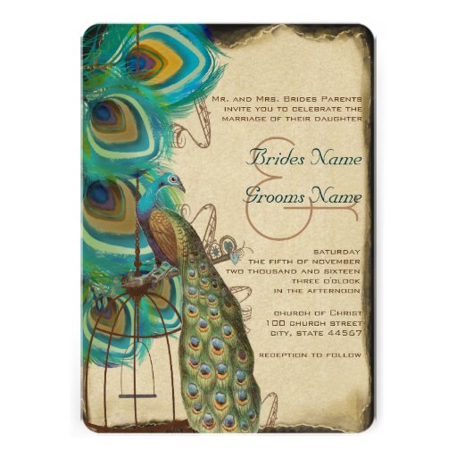 Rustic Musical Peacock Birdcage Feather Wedding Personalized Invites