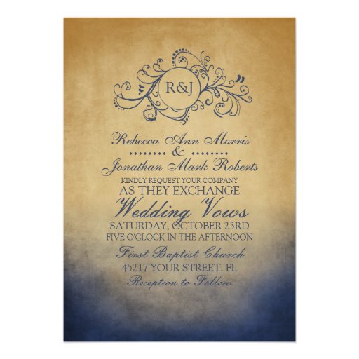 Rustic Navy and Gold Bohemian Wedding Invitation