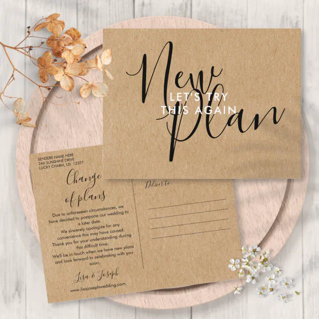 Rustic New Plan Change The Date Postponed Event Announcement Postcard