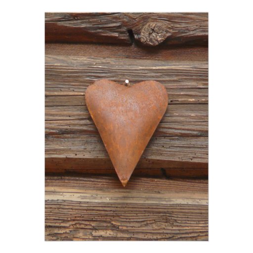 Rustic Old Heart on Log Cabin Wood Announcements