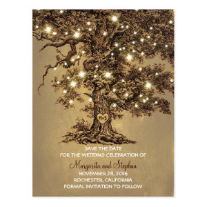 rustic old oak tree lights save the date postcards