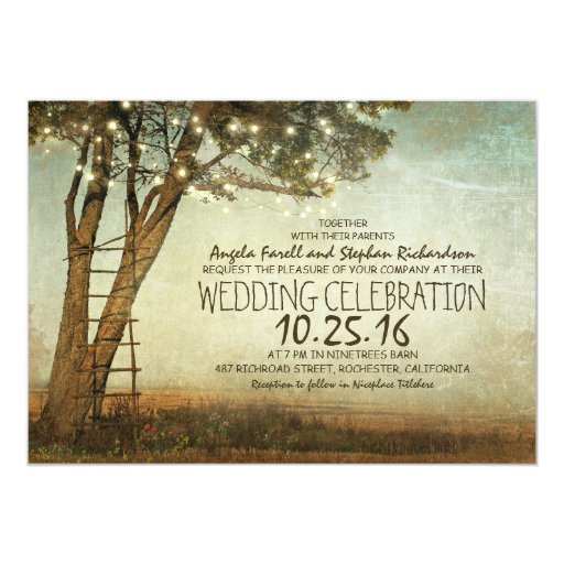 Rustic old tree & string lights wedding invitation 5