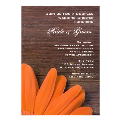 Rustic Orange Daisy Country Couples Wedding Shower Personalized Invite
