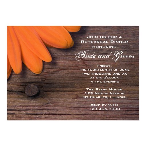 Rustic Orange Daisy Country Rehearsal Dinner Personalized Invitation (front side)