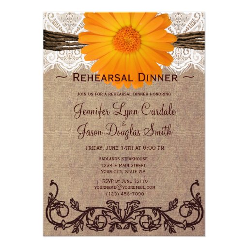 Rustic Orange Daisy Rehearsal Dinner Invitations