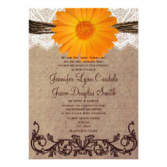 Rustic Orange Gerber Daisy Lace Wedding Invitation