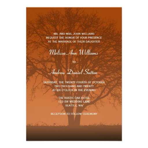 Rustic Orange Oak Tree Wedding Custom Invitation
