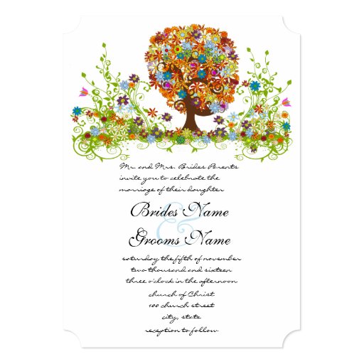 Rustic Orange Pink Aqua Die Cut Love Tree Wedding 5x7 Paper Invitation Card