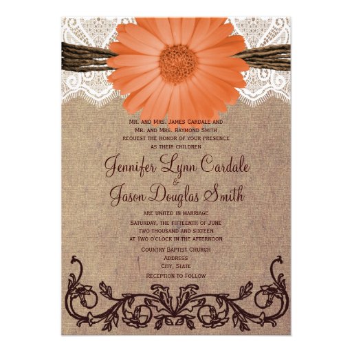 Rustic Peach Coral Daisy Flower Wedding Invitation (front side)