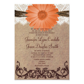 Rustic Peach Coral Daisy Flower Wedding Invitation Custom Invitations