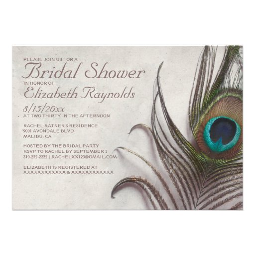 Rustic Peacock Feathers Bridal Shower Invitations