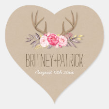 Rustic Peony & Deer Antler Wedding Favors Seals Heart Sticker