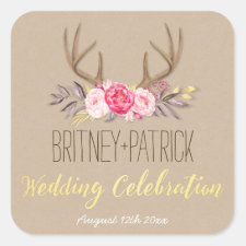 Rustic Peony & Deer Antler Wedding Favors Seals Square Sticker