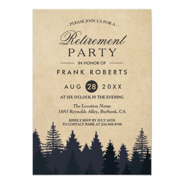 Rustic Pine Trees Forest Kraft Retirement Party Card (front side)