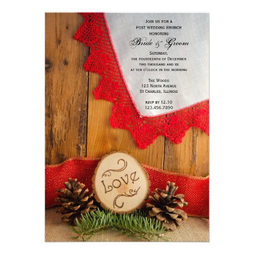 Rustic Pines and Red Lace Post Wedding Brunch Custom Invites