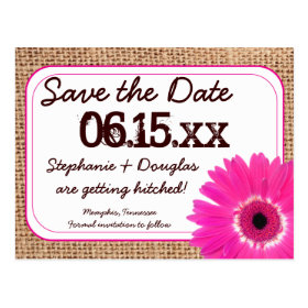 Rustic Pink Daisy Burlap Save The Date Postcards