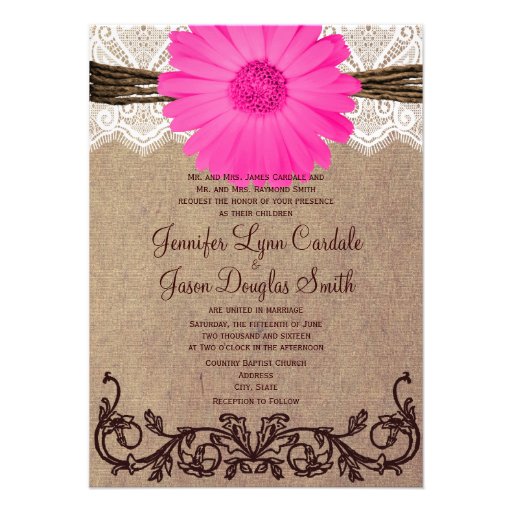 Rustic Pink Gerber Daisy Lace Wedding Invitation