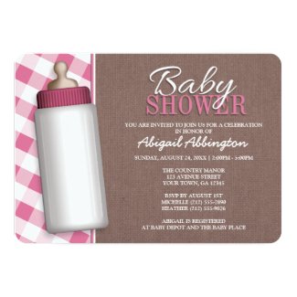 Rustic Pink Gingham Baby Bottle Baby Shower Invite