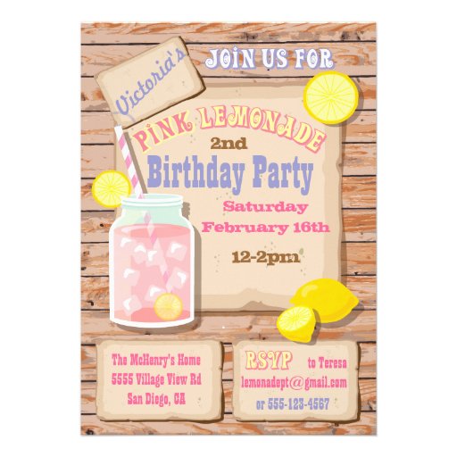 Rustic Pink Lemonade Birthday Party Invitations