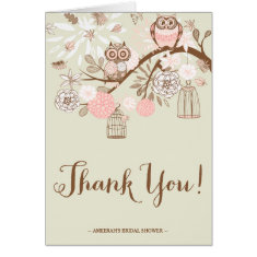 Rustic Pink Owls and Birdcages Thank You Note Card
