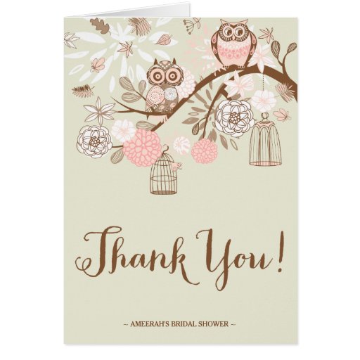 Rustic Pink Owls and Birdcages Thank You Note Card