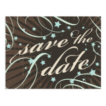 Rustic Poster: Blue & Cocoa Save the Date postcards