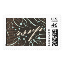 Rustic Poster: Blue & Cocoa Vintage RSVP stamps