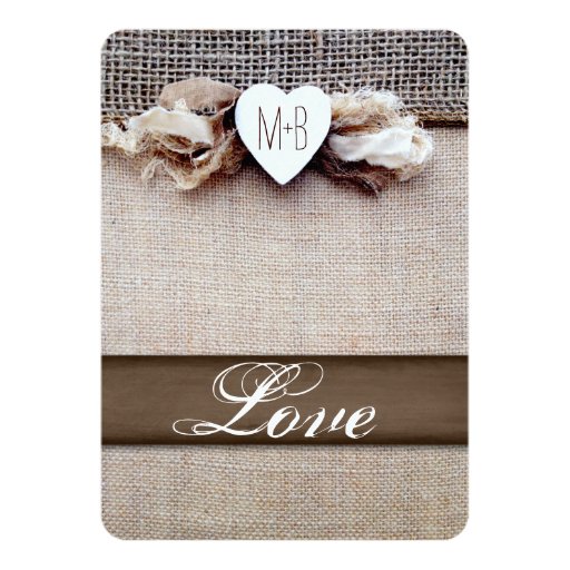 Rustic Printed Burlap Heart Initial Wedding Invite