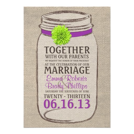 Rustic Purple & Green Mason Jar Wedding Invitation