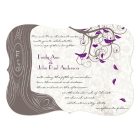 Rustic Purple Love Bird Romantic Tree Wedding 5x7 Paper Invitation Card