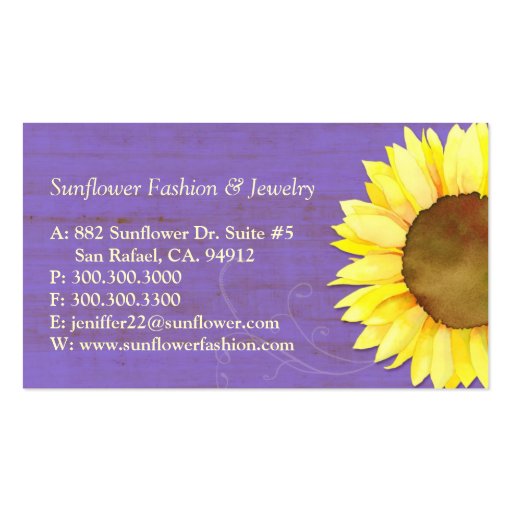Rustic Purple Vintage Look Sunflower Business Card (back side)
