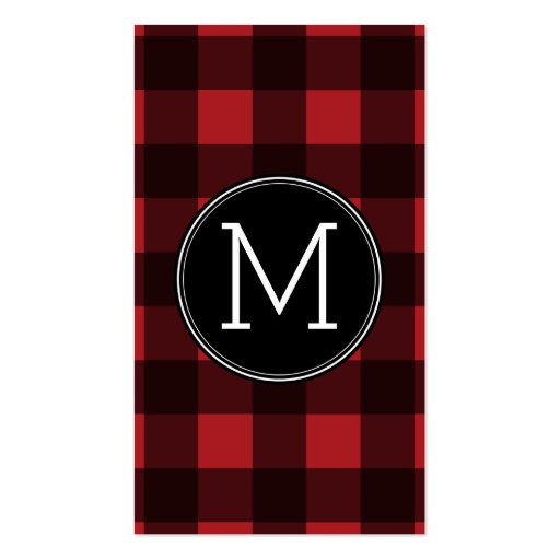 Rustic Red & Black Buffalo Plaid Pattern Monogram Business Card Templates (front side)
