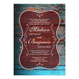Rustic Red Blue Wood Country Wedding Invitations