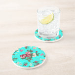 Rustic Red & White Roses Blue-Green Background Drink Coasters