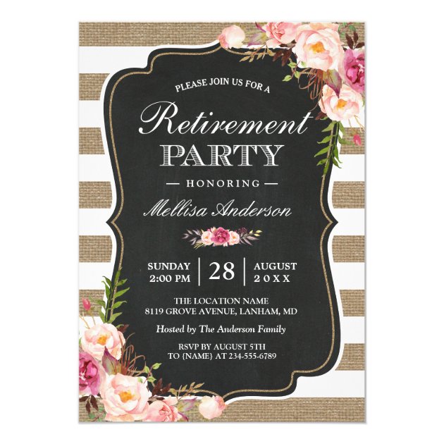 Rustic Retirement Party | Floral Burlap Stripes Card (front side)