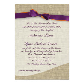 Rustic Ribbon and Burlap Orange and Purple Wedding 5x7 Paper Invitation Card