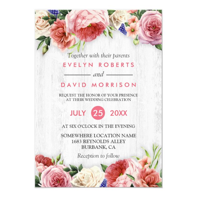 Rustic Rose Pink Floral Chic White Wood Wedding Card (front side)