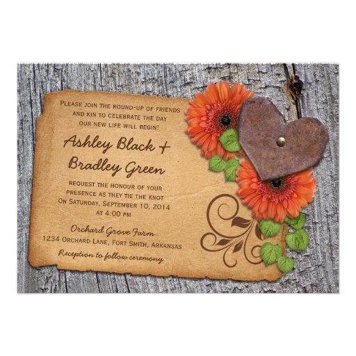 Rustic Rusty Heart Orange Daisy Country Wedding Invites