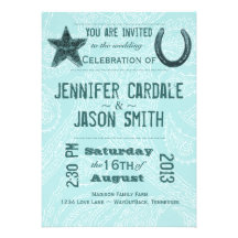 Rustic Star Horseshoe Blue Paisley Wedding Invites