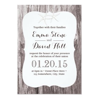 Rustic Starfish Driftwood Background Wedding Personalized Invitations