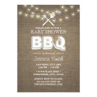Rustic String Lights Burlap Baby Shower BBQ Card