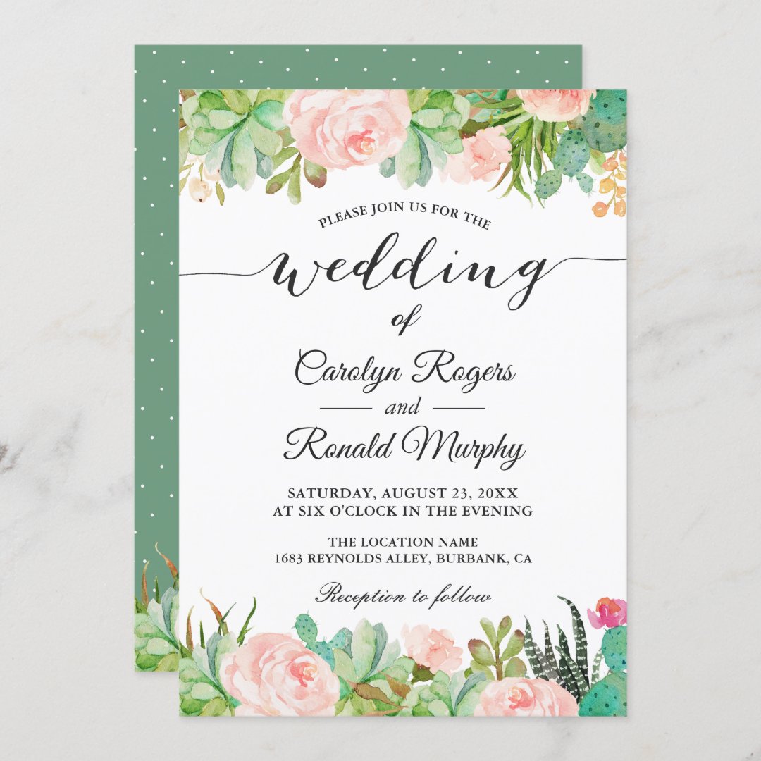 Rustic Succulent Cactus Blush Green Floral Wedding Invitation Zazzle