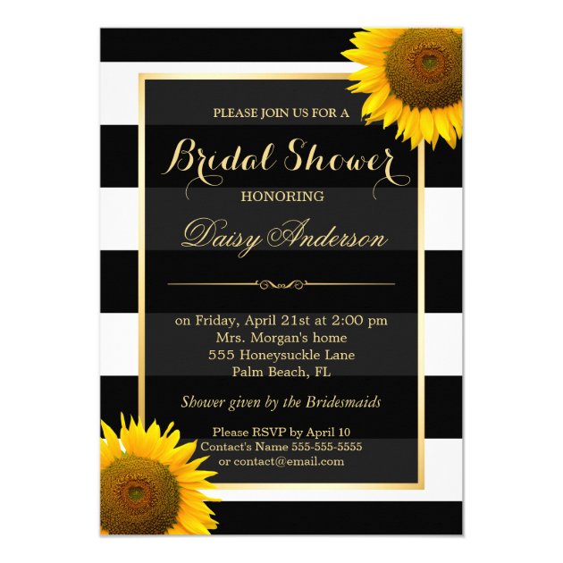 Rustic Sunflower Black White Stripes Bridal Shower 5x7 Paper Invitation Card