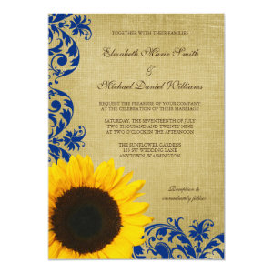 Rustic Sunflower Blue Swirls Wedding 5x7 Paper Invitation Card