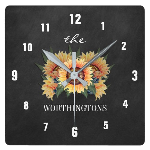 Rustic Sunflower Country Chalkboard Family Name Square Wall Clock Rustic Sunflower Country Chalkboard Family Name Square Wall Clock