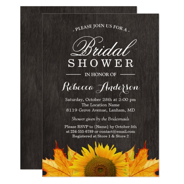 Rustic Sunflower Maple Leaves Wood | Bridal Shower Card (front side)
