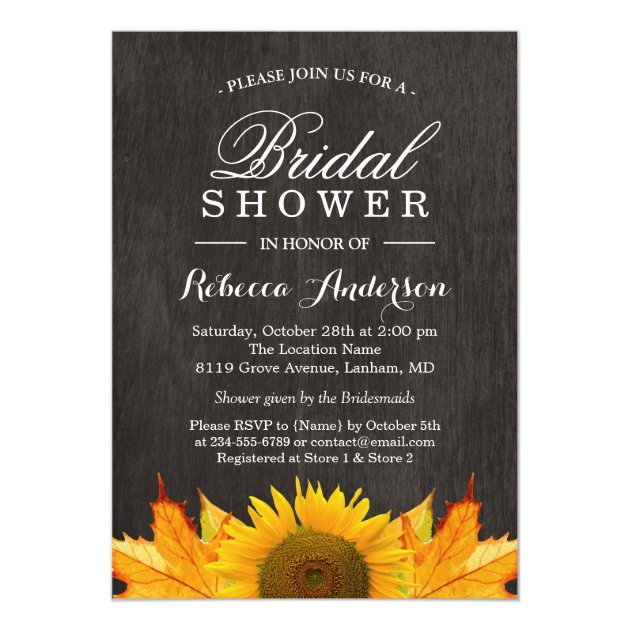 Rustic Sunflower Maple Leaves Wood | Bridal Shower Card