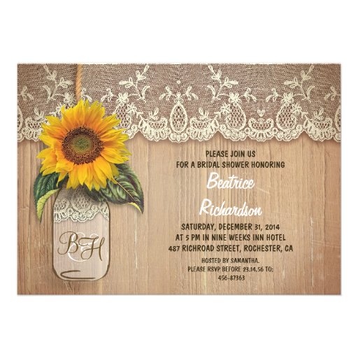 rustic sunflower mason jar bridal shower custom announcement