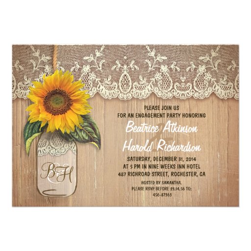 rustic sunflower mason jar engagement party personalized invite